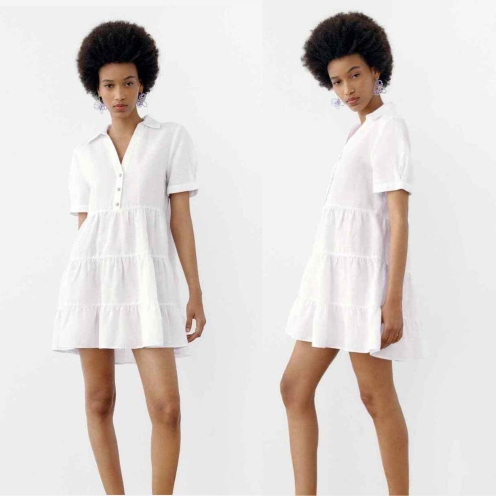 Zara Linen blend panelled tiered babydoll mini dress summer beach white size XS